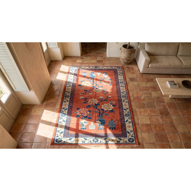 Rustic Coral Color Antique Long and Narrow Chinese Kansu Hallway Runner Rug