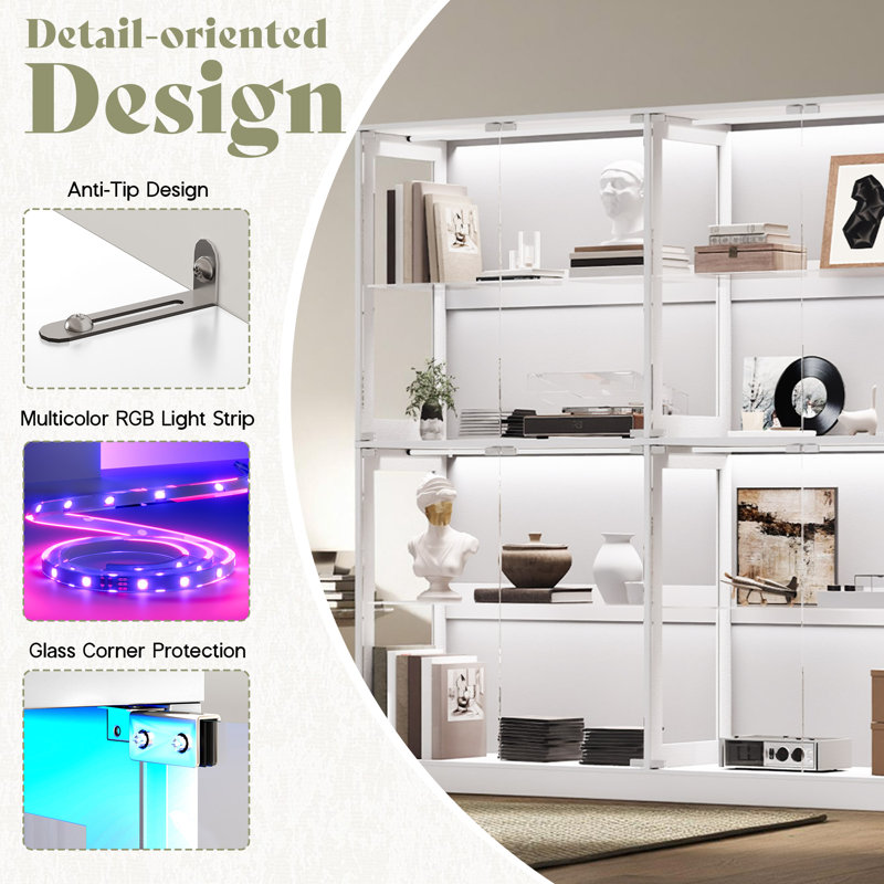 Modern RGB Display Cabinet with Adjustable Glass Shelves and LED Lighting, 4-Tier, White, White, 75"W x 16"D x 70"H