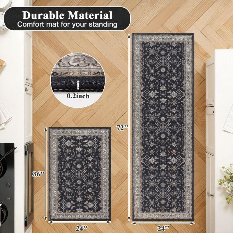 Non-Slip Washable Farmhouse Kitchen Rug Set of 2, Rubber Bottom, Black