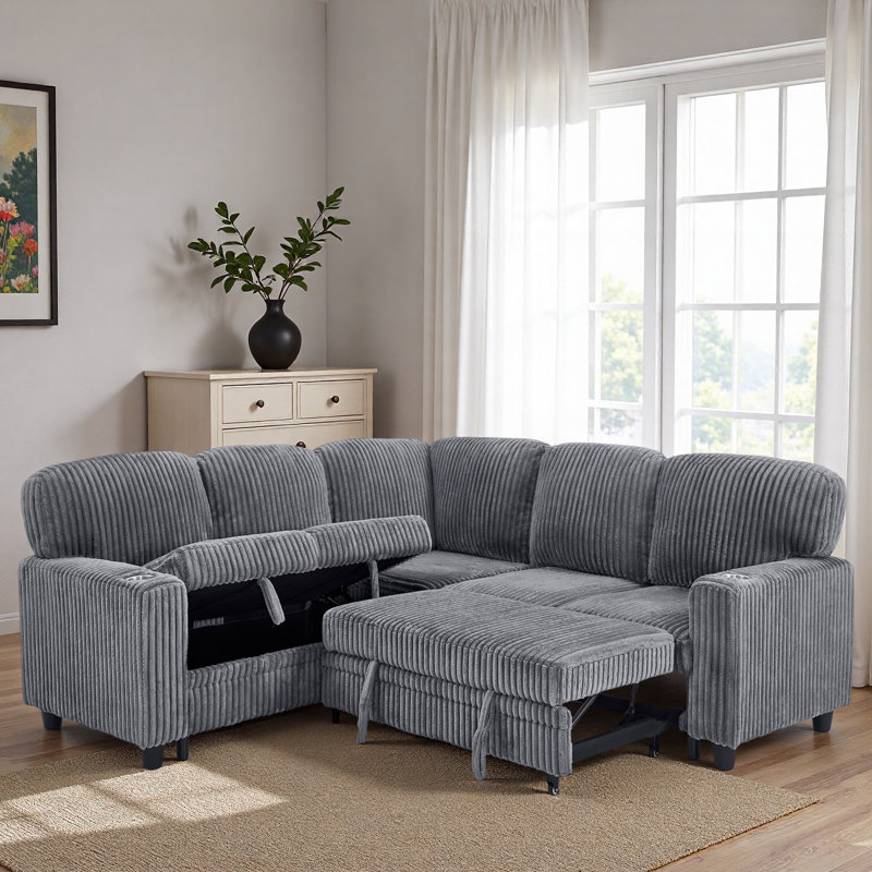 L-shaped Sectional Sofa Bed With Pull-out Bed, Storage, Usb Charging And Cup Holder, Gray