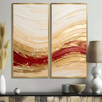 Gold And Red Soft Wave Fusion - Gold Wall Art