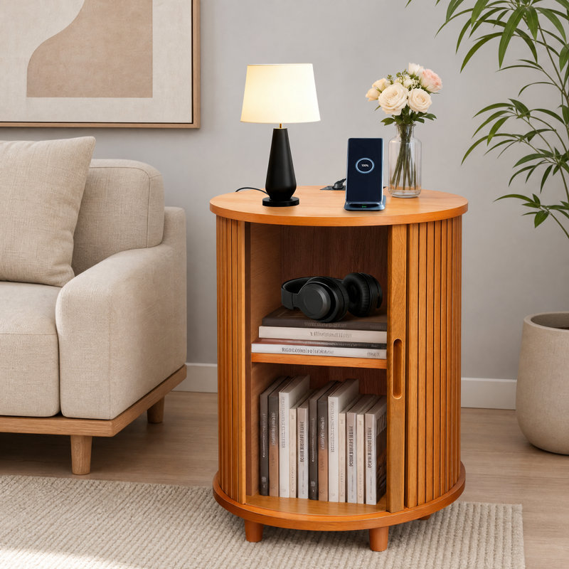 Table de bout cannelée ronde de 23,6 po avec station de charge et rangement pour porte coulissante, Yellow Walnut, 1