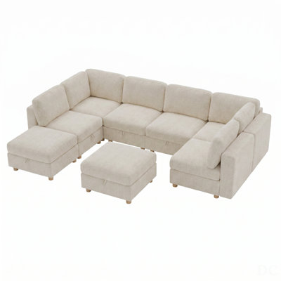 Modular Sectional Sofa With Convertible Storage, Multifunctional Folding Fabric Set For 8 Seaters, Beige