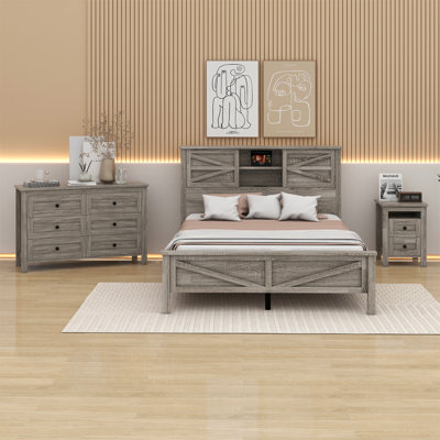 Lit plateforme avec tête de lit, station de charge, table de chevet et commode