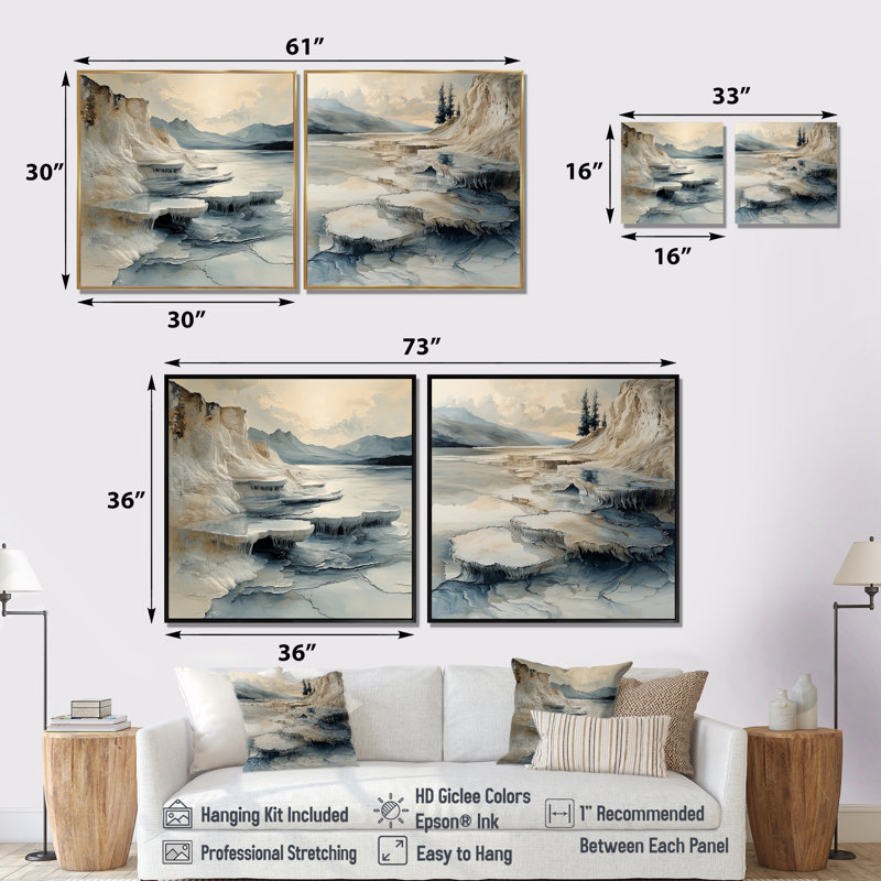 «Hot Springs» de Istanbul, Pamukkale gris, art mural industriel, 2 pièces, Toile tendue, Ne s’applique pas, H 16 po x l 33 po