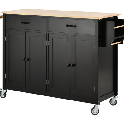 Black Kitchen Island Cart With Strong Solid Wood Top, 4 Door Cabinet, 2 Drawers, Spice Rack & Mobile Adjustable Locking Desktop, Black, Cabinet Shelves, Lockable Movable