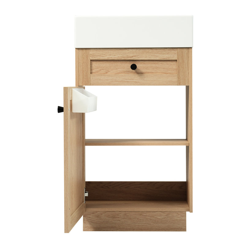 Meuble-lavabo de 18,5 po de style rustique avec lavabo en résine réversible, fabrication d'armoire, tablette intérieure réglable pour rangement personnalisé, poignées élégantes en alliage de zinc, surface à grain de bois, fermeture en douceur