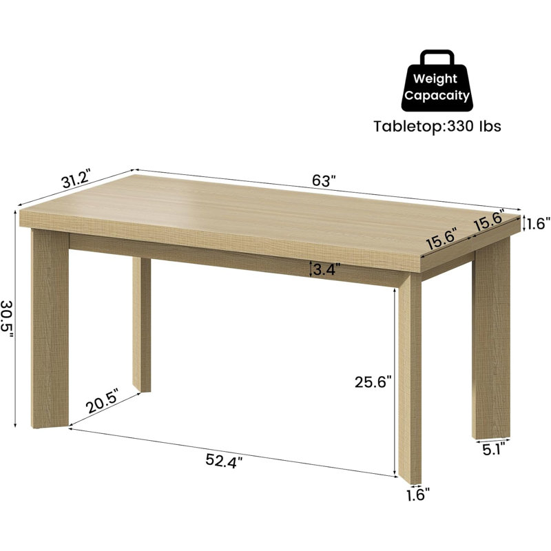 63 Inch Dining Table for 6, Indoor Outdoor Dining Table with Wood Legs, Kitchen Table with Large Tabletop, Rectangular Dinner Table for Dining Room, Living Room, Kitchen, Natural
