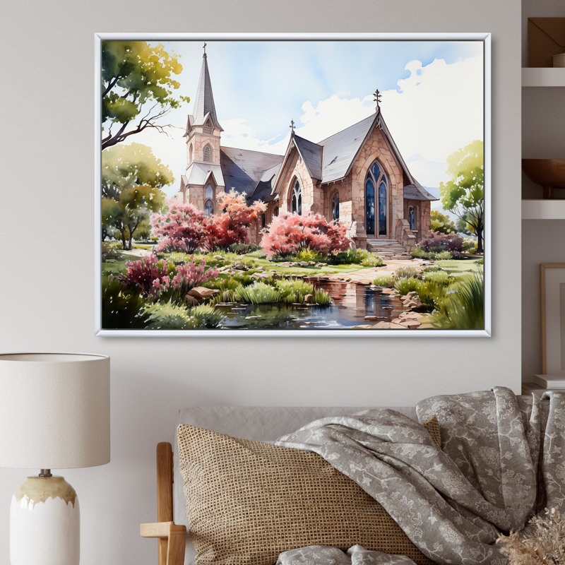 Aquarelle rustique de la chapelle blanche, H 24 po x l 32 po, Cadre flottant blanc