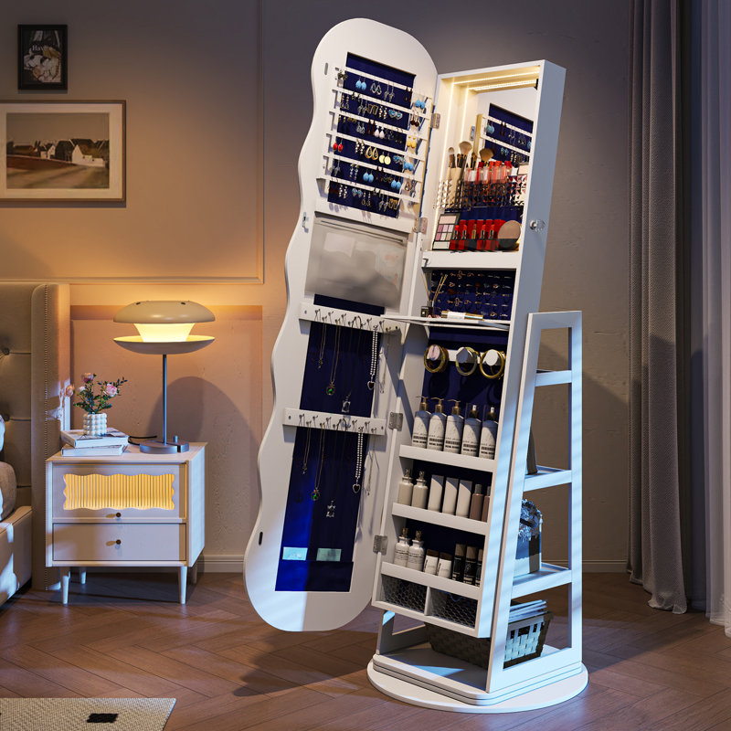 3-in-1 Rotating Floor Jewellery Mirror Cabinet with Storage Shelves, White