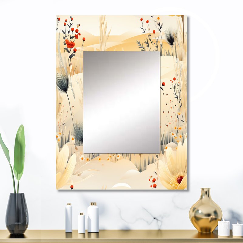 Budowski motif de fleurs de prairie beige - miroir floral, miroir mural décoratif floral, impression d'art en métal