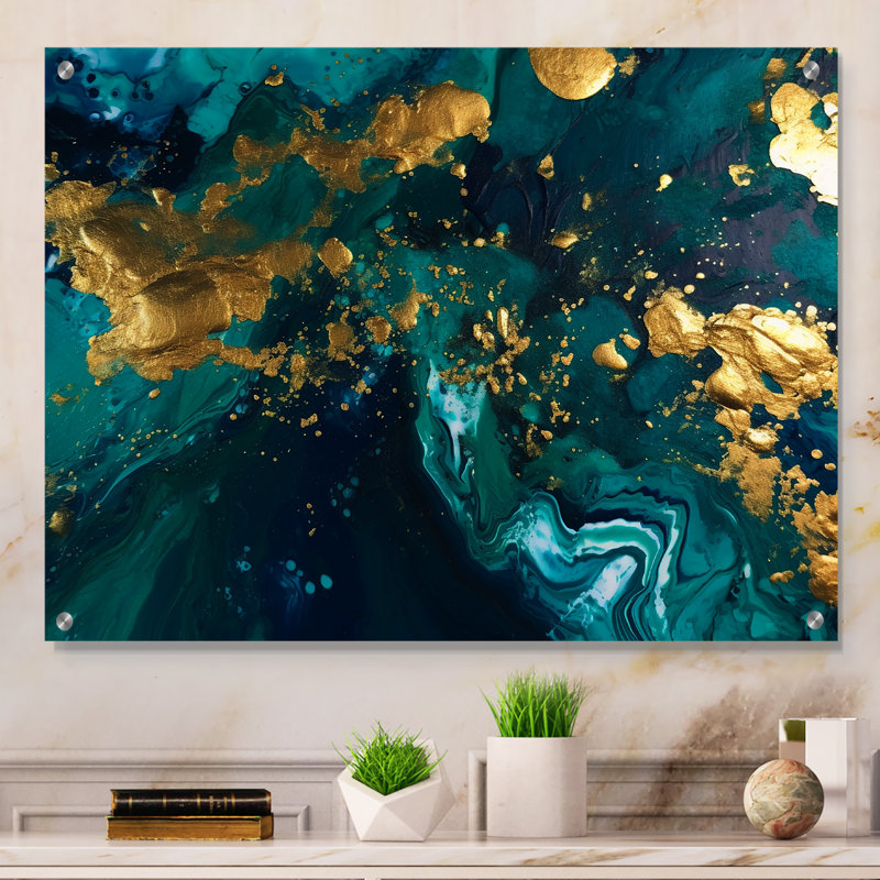 Sarcelle et or liquide Magic II - abstrait, décoration murale acrylique, H 12 po x l 20 po