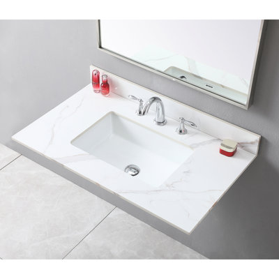 Comptoir de meuble-lavabo de 37 po en pierre frittée, comptoir en céramique encastré rectangulaire, 3 trous de robinet, dosseret inclus, comptoir en pierre de 37 po, rectangulaire, trous et plus