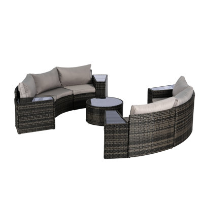11 Outdoor Patio Furniture Configuration - Half-Moon Sectional With Tempered Glass Table Strong , - Cushion Textiles, Shielding Trait Setup Round Coffee Comfortable Protection Characteristic