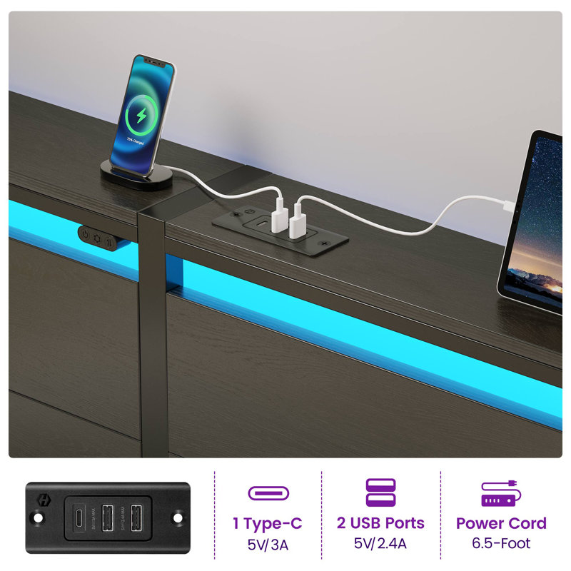 Deviana Metal Bed with Headboard and Charging Station, LED Light Included, Full, Black