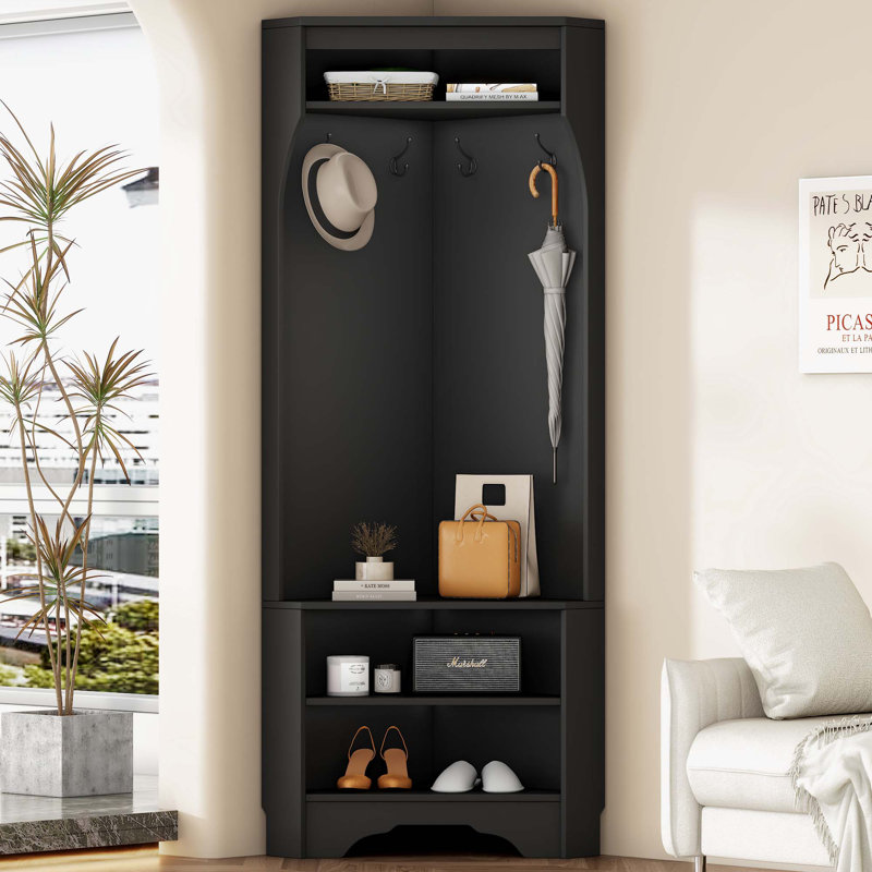 Corner Hall Tree with Shoe Bench, Black