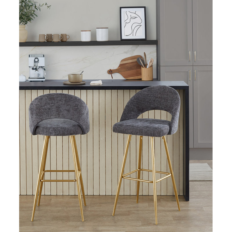 Tabouret de bar à hauteur fixe en métal doré et tissu gris foncé avec repose-pieds carré - ensemble de 2