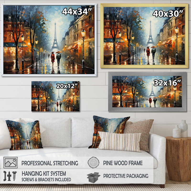 Couple romantique à Paris II - Art mural de la ville de Paris,  H 34 po x l 44 po x P 1,5 po, Toile tendue