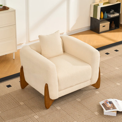 40" Boucle Accent Chair, Modern Upholstered Reading Chair with Matching Throw Pillow, Cozy Armchair for Living Room, White