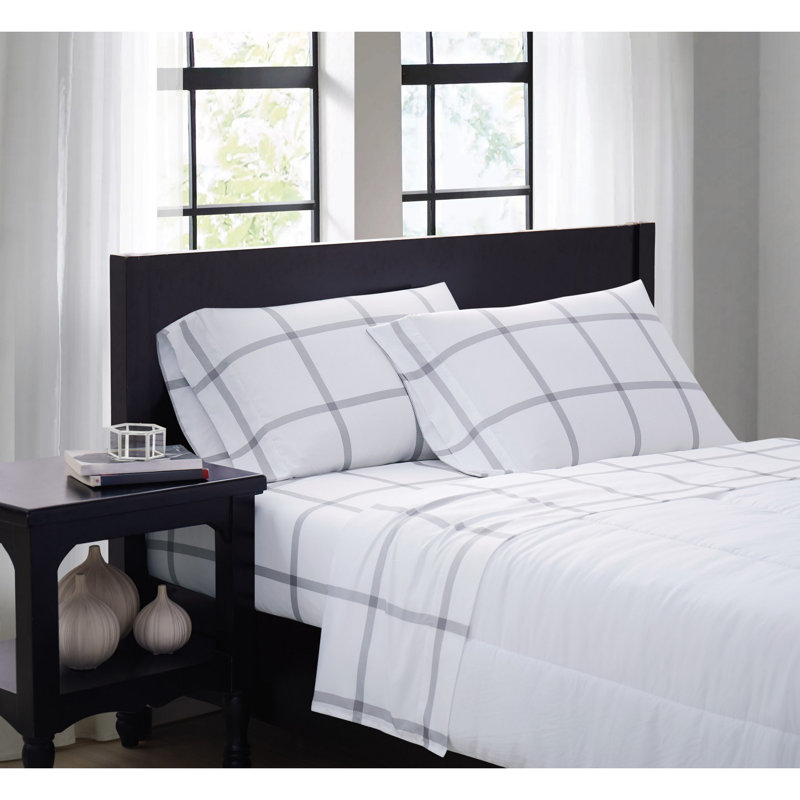 Truly Soft Printed Windowpane Microfiber Standard Plaid Sheet Set, Queen, White/Charcoal Gray