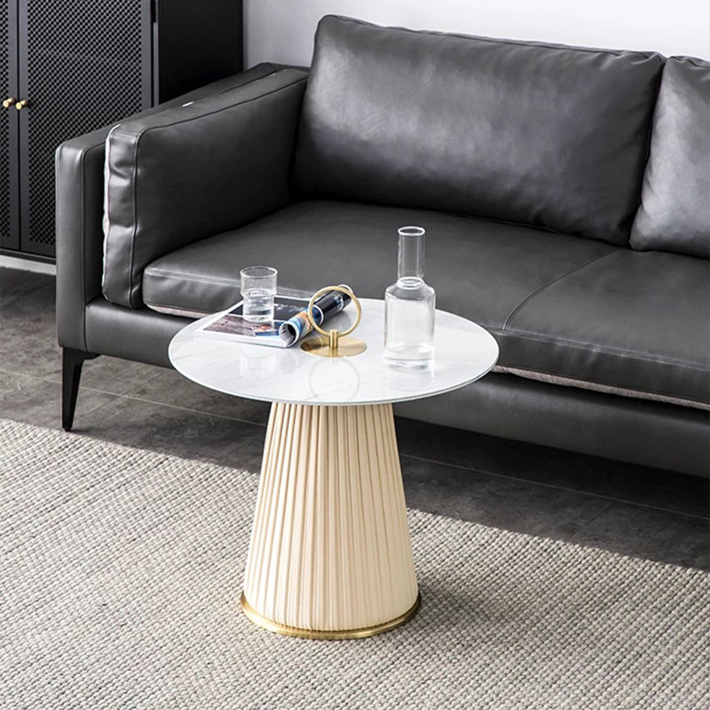 Luxurious Gold-Trimmed Pleated Marble Round Coffee Table, 19.6" H x 23.6" W x 23.6" D