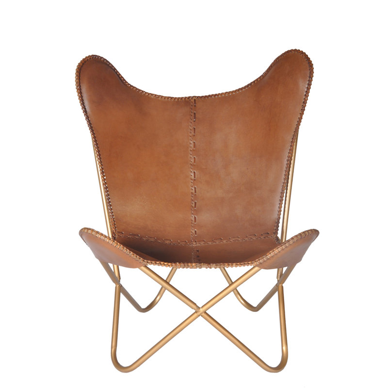 Aldo 31" Wide Butterfly Chair, Chestnut Genuine Leather, Gold