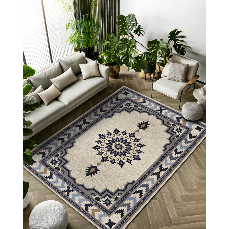Lydia Collection Digital Print Cotton-Polyester Beige Navy Blue Moroccan Rug, Runner 3'4" x 13'2"