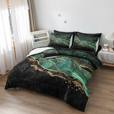 Emerald  Comforter Set  Black Gold Marble Bed in a Bag 8 Pieces Bedding Set with 1  Black Marble Comforter, 1 Flat Sheet, 1Fitted Sheet, 4 Pillowcases, 1 Cushion Cover