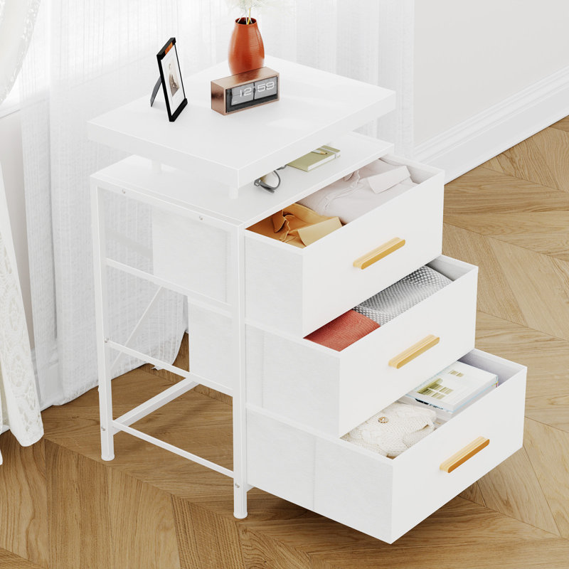 Commode à 3 tiroirs avec tablette ouverte à 2 niveaux, commode avec prise de courant et DEL, commode H 17,32 po pour chambre blanche