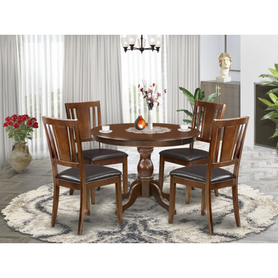 Ensemble de table de salle à manger 5 pièces moderne comprenant une table ronde en bois avec piédestal et 4 chaises de salle à manger en tissu de lin, 42 x 42 pouces, acajou