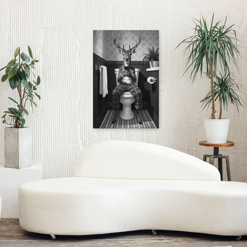 Pyjama cerf sur la toilette, art mural moderne, H 36 po x l 24 po