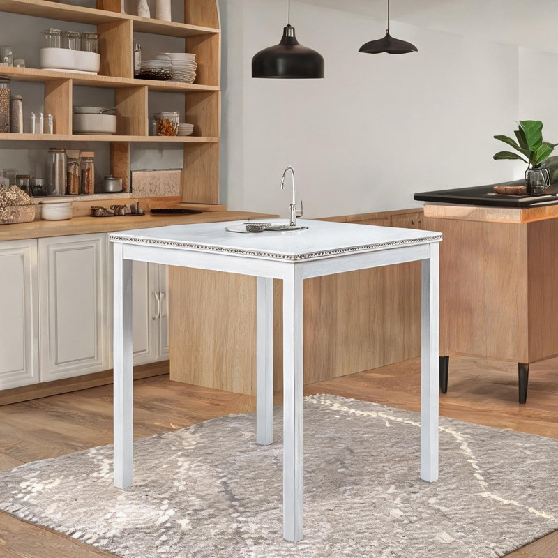 Table de salle à manger carrée à hauteur de comptoir avec finition blanche, structure en bois massif, 4 places, 34,5 pouces