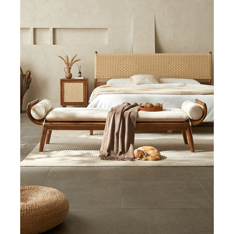 Banc vintage rétro en bois massif et rotin pour salon et chambre, Gris clair