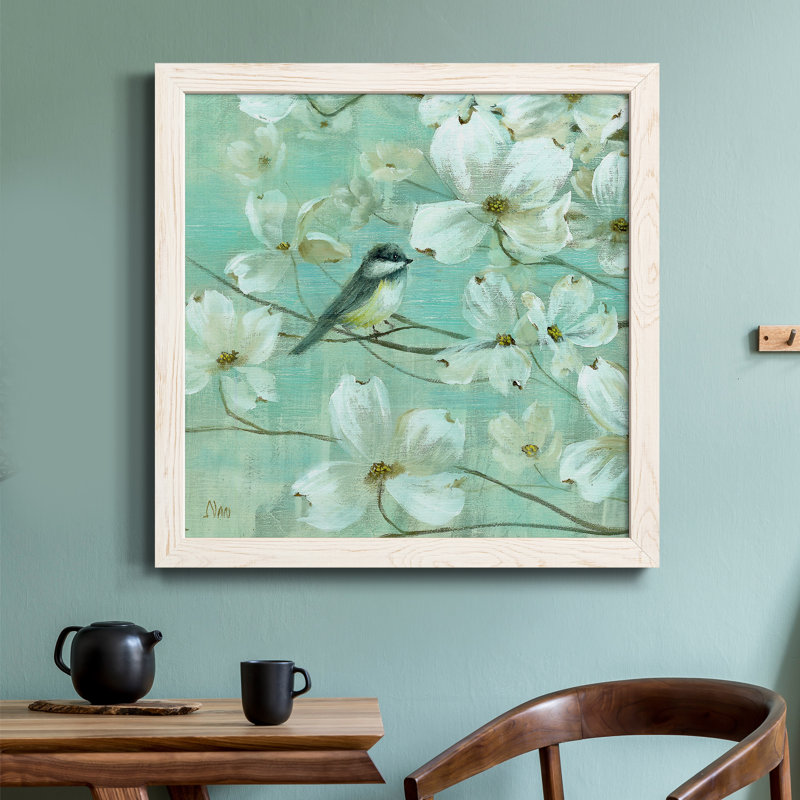 Mésanges et cornouiller - Détail I - Peinture sur toile encadrée, H 34,5 po x l 34,5 po x P 1 po, Cadre blanc