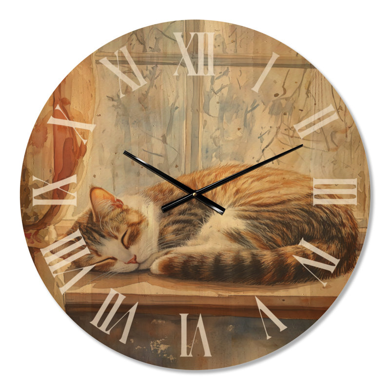 Horloge murale en bois imprimé faune - Chat endormi sur le rebord de la fenêtre, Médium