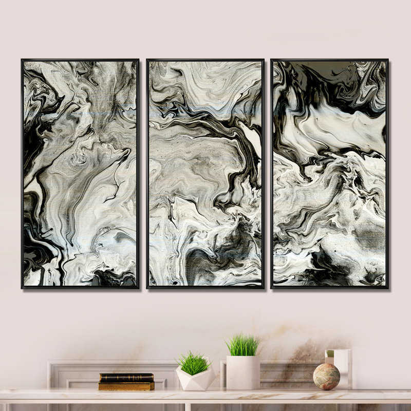 Blanc, gris et blanc, marbre peint à la main en acrylique de style viii - ensemble d'art moderne sur toile encadrée moderne de 3