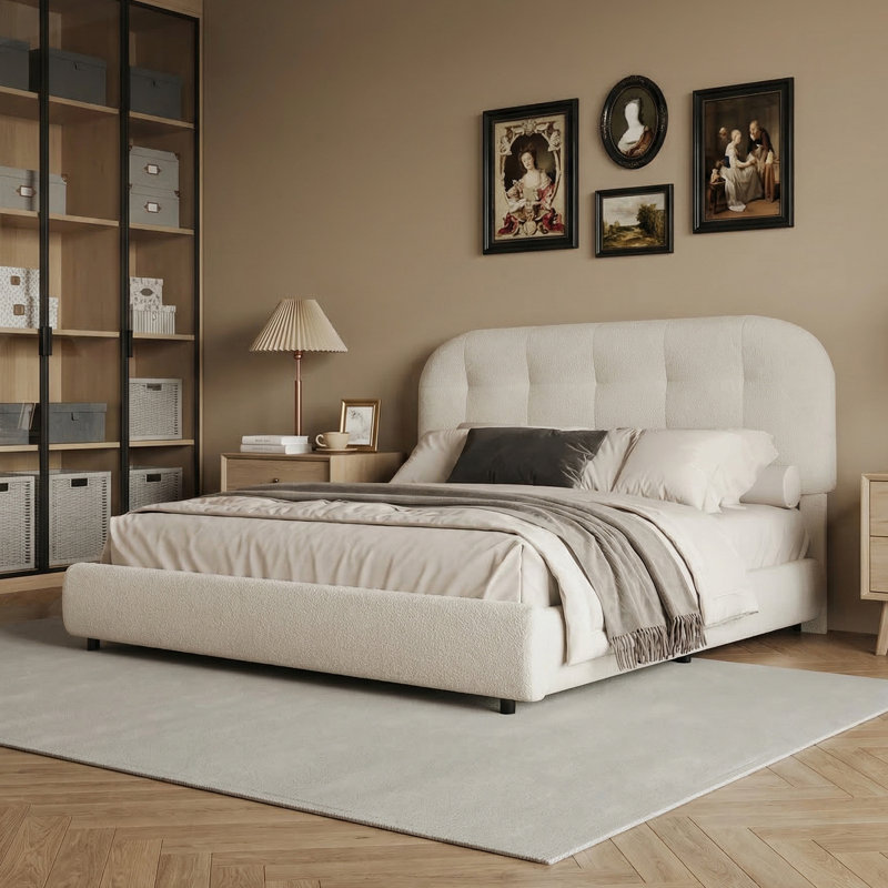 Lit plateforme tapissier avec tête de lit Boucle, base de lit Cloud, coins arrondis doux, Blanc, Lit double