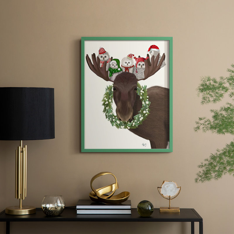 «Christmas Moose and Christmas Owls», reproduction encadrée - bois massif, H 15 po x l 12 po, Cadre vert