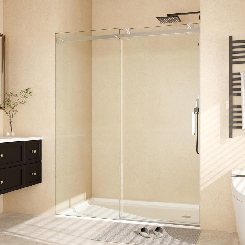 44-48" W x 76" H Frameless Sliding Shower Door - 5/16" (8mm) Clear Tempered Glass, Waterproof, Brushed Nickel Bathroom Door with Easy Installation