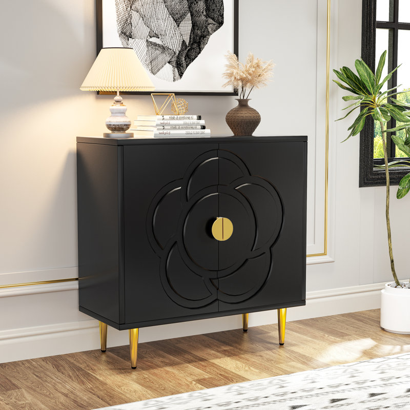 Black MDF Freestanding Cabinet with Floral Pattern and Gold Accents