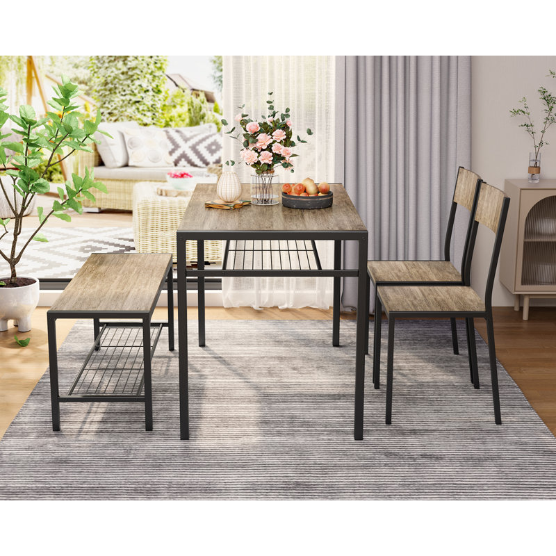 Tamajah 4‑Person Dining Table Set with 2 Chairs and Storage Bench for Small Spaces, Gray