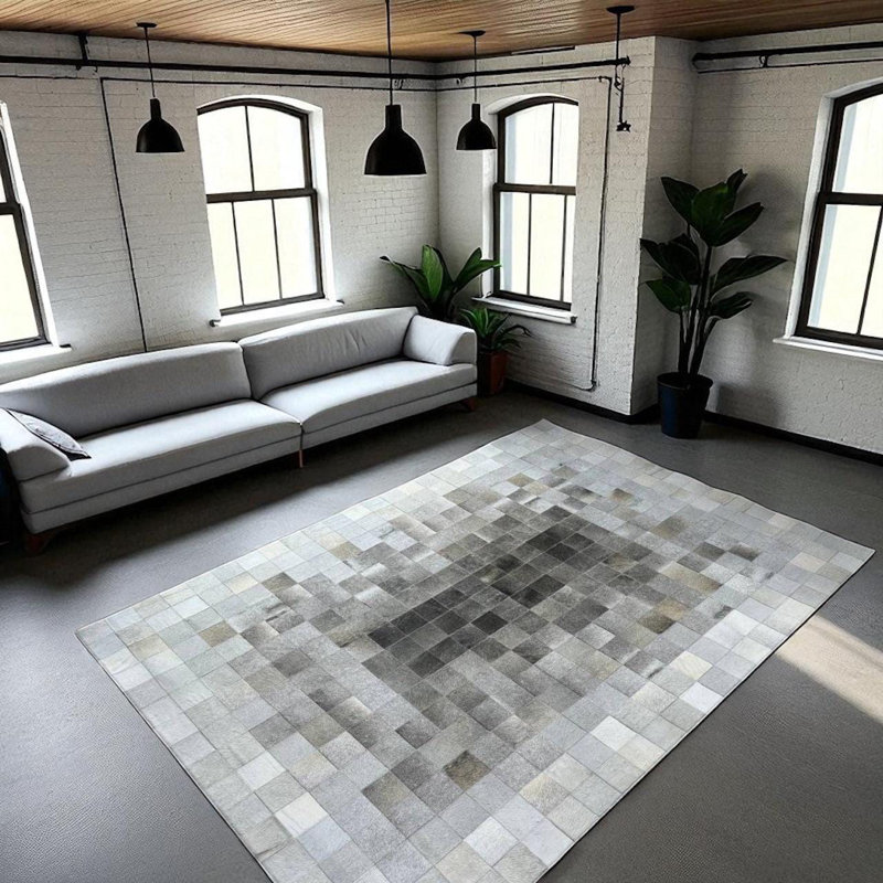 Tapis en cuir de vache moderne gris ombré Patchwork, Rectangle 4 pi x 6 pi