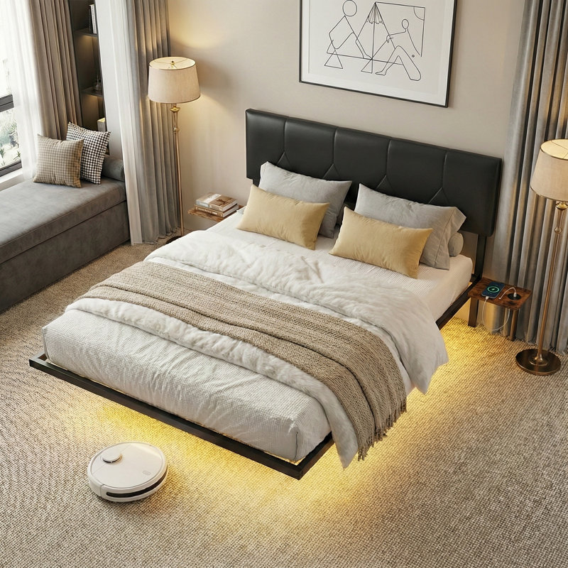 Metal Floating Bed Frame with Adjustable Height Upholstered Headboard, Built-in USB Charging & LED Lighting, Double (4'6)