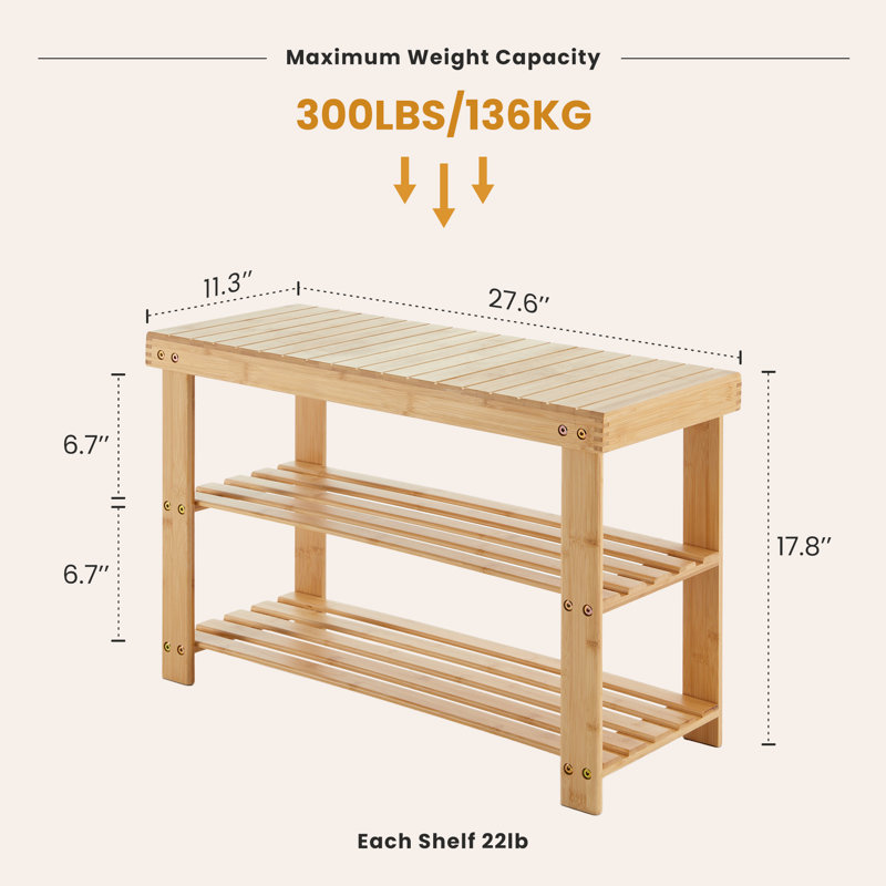 (Paquet de 2) Banc à chaussures en bambou naturel d'une capacité de 6 à 9 paires, tabouret de rangement à 3 niveaux, banc d'entrée / de bout de lit