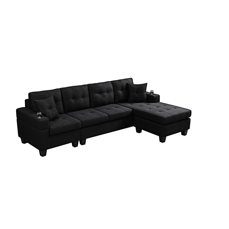 Calliandra Upholstered L-Shaped Sectional Left Hand Facing, Black Linen Blend,  Right Hand Facing