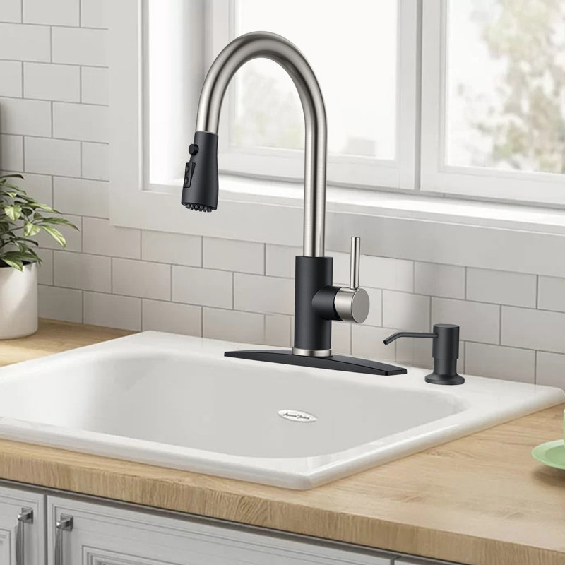 Kitchen Faucet, Pull-Down Sprayer High Arc Single Handle, With Soap Dispenser, Classic 3-Mode Faucet, Suitable For Kitchen Sink Laundry Room.