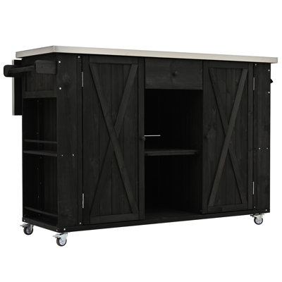 Îlot de cuisine extérieur avec plateau pliable en acier inoxydable - Rangement polyvalent en bois de sapin, porte-serviettes, ouvre-bouteille d'épices, fabrication facilitant la mobilité, déplacement facile