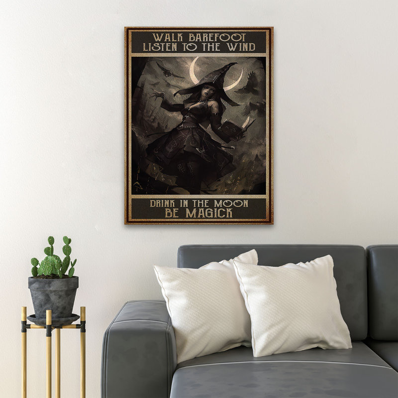 «A Dark Witch» - Walk Barefoot Hearts To The Wind Drink In The Moon Be Magick - 1 pièce, reproduction d'art graphique sur toile tendue