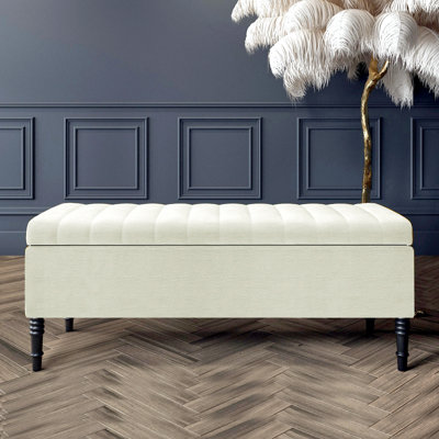 Paris Striped Ottoman Storage Bench - Upholstered Naples Shoes Bench with Black Turned Wooden Legs