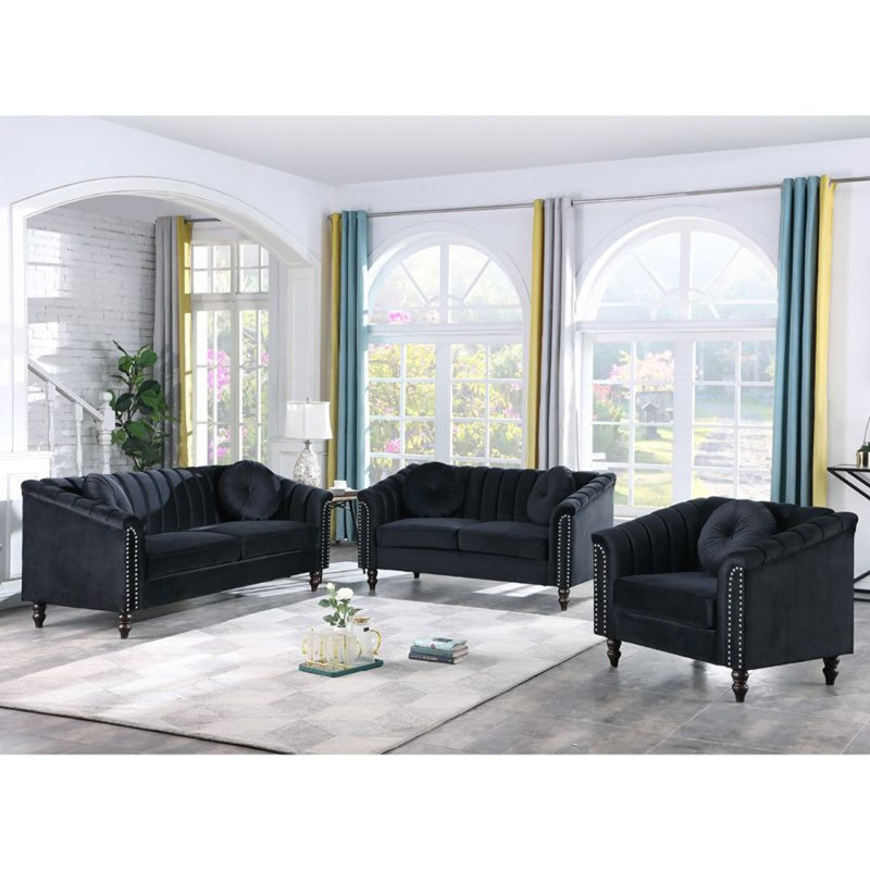Ensemble de salon 3 pièces en microfibre noire avec fauteuil et causeuse, Noir, noir, noir, noir